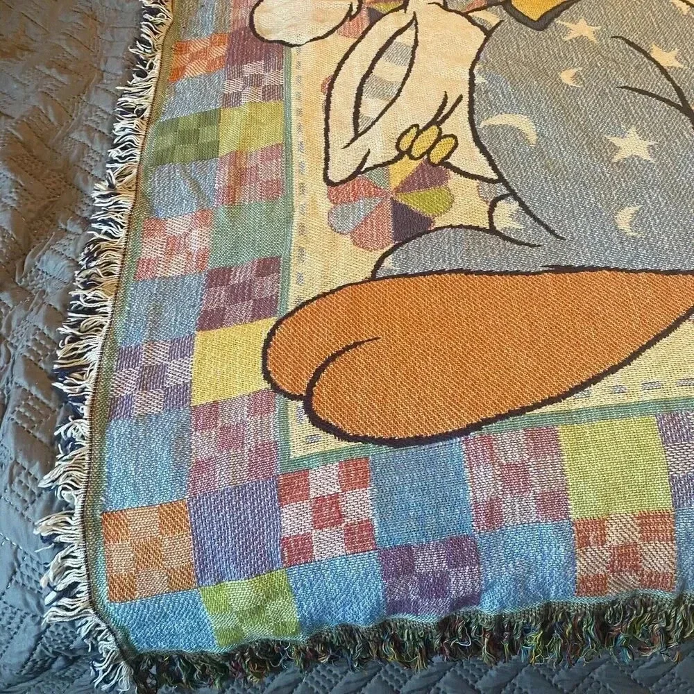 VTG 90s Baby Toddler Looney Tunes Cotton Blanket Sylvester Tweety Bird Blue Cozy